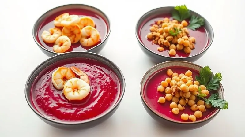 photorealistic, professional photography, 8K, cinematic lighting, sharp focus, depth of field, shot on a high-end DSLR, a variety of artfully arranged bowls of diet-friendly Lithuanian cold beet soup, each with a different healthy topping: one with grilled shrimp, another with diced smoked tofu, a third with a sprinkle of roasted chickpeas, all against a bright, clean background, emphasizing freshness and versatility.