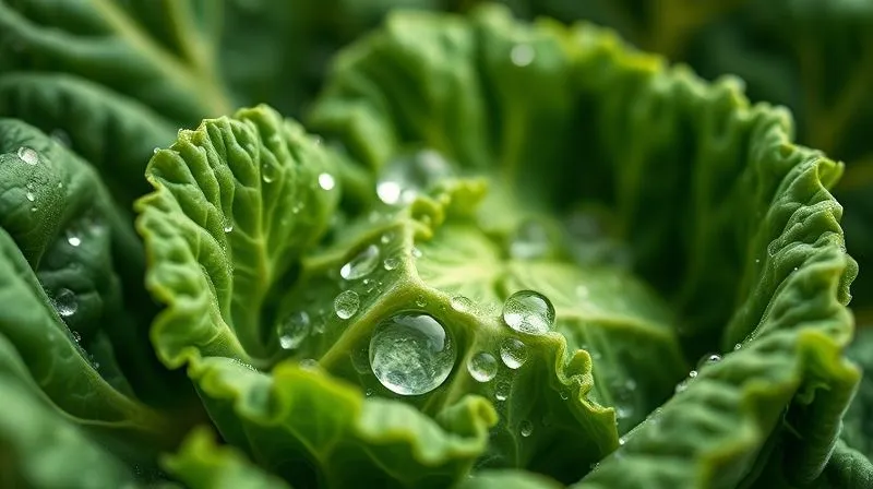 A photorealistic close-up of a vibrant green kale leaf, glistening with morning dew, with scientific molecular structures superimposed subtly in the background, representing its rich nutritional content. Professional photography, 8K, cinematic lighting, sharp focus on the leaf, depth of field. Shot on a high-end DSLR.