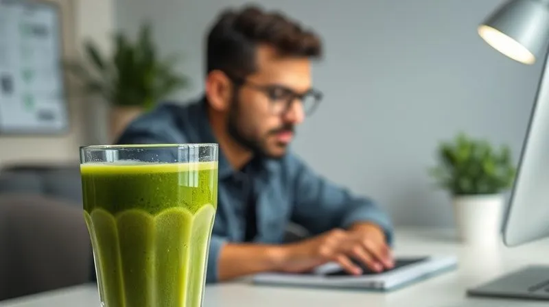 A photorealistic image of a vibrant green smoothie in a glass, with a subtle glow radiating from it. In the background, a person with a focused and alert expression is working efficiently at a clean, minimalist desk. The scene conveys a sense of mental clarity and sustained energy. Professional photography, 8K, cinematic lighting, sharp focus on the smoothie and the person's expression, depth of field. Shot on a high-end DSLR.
