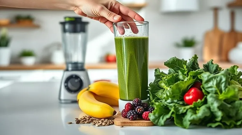 A photorealistic, brightly lit kitchen counter with a sleek blender, fresh kale, a variety of colorful fruits (berries, banana), and seeds arranged artfully. A hand is reaching for a glass bottle to pour the freshly blended green smoothie. The scene is clean, modern, and inviting, symbolizing healthy choices and vitality. Professional photography, 8K, cinematic lighting, sharp focus on the ingredients and blender, depth of field. Shot on a high-end DSLR.