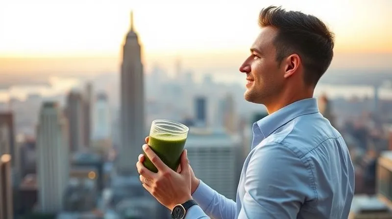 A successful, confident business person (male or female, diverse) looking out over a city skyline at dawn, holding a vibrant green smoothie. The person is fit and radiating vitality. The scene conveys a sense of achievement, health, and readiness for a productive day. Professional photography, 8K, cinematic lighting, sharp focus on the person and the smoothie, depth of field. Shot on a high-end DSLR.