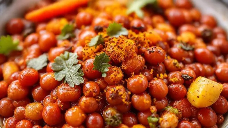 A vibrant, healthy meal featuring red beans, with a variety of colorful vegetables and aromatic spices like cumin, ginger, and turmeric visibly sprinkled on top. The dish looks appetizing and light. photorealistic, professional photography, 8K, cinematic lighting, sharp focus, depth of field, shot on a high-end DSLR.