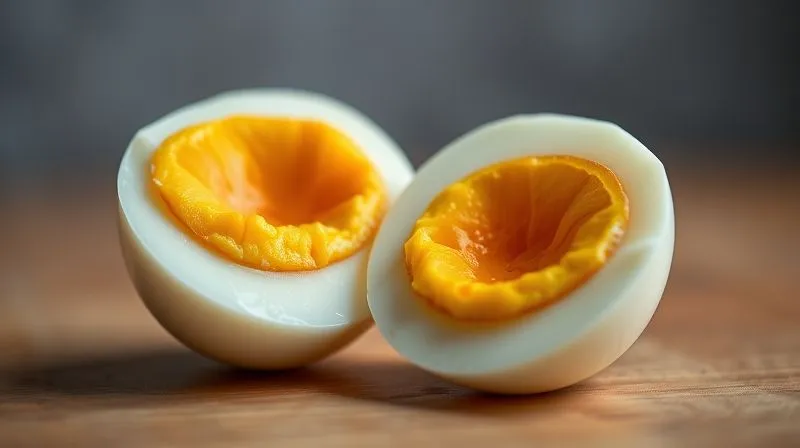 photorealistic, professional photography, 8K, cinematic lighting, sharp focus, depth of field, shot on a high-end DSLR, a perfectly halved hard-boiled egg showing a clear separation between the white and the vibrant yellow yolk, with a soft, healthy glow. The background is blurred, focusing on the egg's distinct parts.