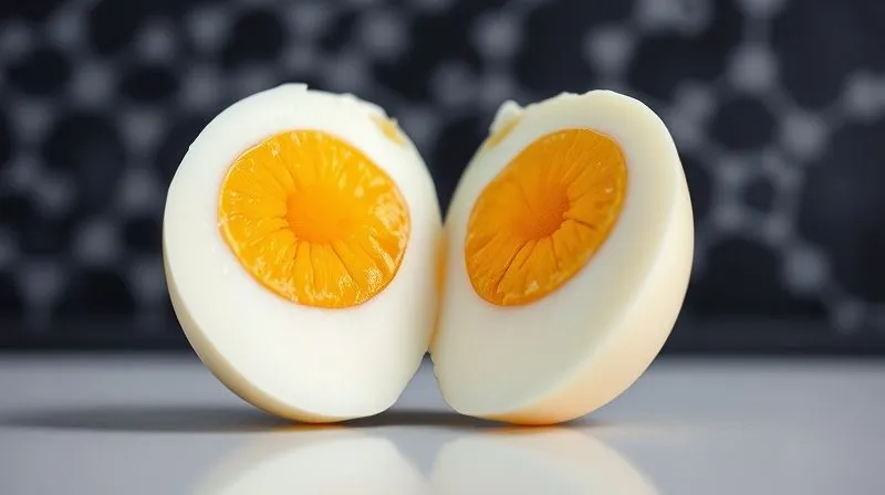 A close-up, photorealistic image of a hard-boiled egg cut in half, clearly showing the vibrant yellow yolk and the pure white albumen. The background is a scientific diagram of cholesterol molecules, subtly blurred, symbolizing the understanding of egg's nutritional content. Cinematic lighting, sharp focus on the egg, depth of field, 8K, shot on a high-end DSLR.