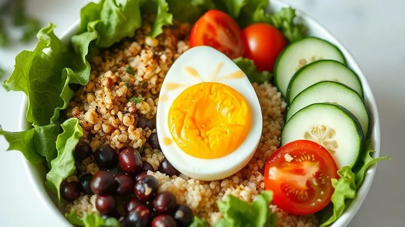 A beautifully arranged, photorealistic 'power bowl' with a perfectly sliced hard-boiled egg as the centerpiece. It's surrounded by vibrant quinoa, fresh mixed greens, cherry tomatoes, cucumber slices, and a light dressing drizzled over. The setting is bright and airy, emphasizing health and freshness. Cinematic lighting, sharp focus, depth of field, 8K, shot on a high-end DSLR.
