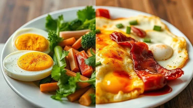 A split image, one side showing a healthy, low-fat meal with hard-boiled eggs and fresh vegetables, bright and appealing. The other side shows a plate laden with greasy scrambled eggs, bacon, and heavy sauces, looking less vibrant. The contrast visually represents good vs. bad choices. Cinematic lighting, sharp focus, depth of field, 8K, shot on a high-end DSLR.