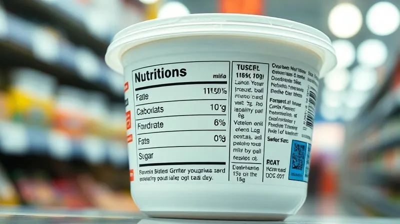 Photorealistic, professional photography, 8K, cinematic lighting, sharp focus, depth of field, shot on a high-end DSLR. A close-up of a nutrition label on a Greek yogurt container, highlighting the 'carbohydrates' and 'sugar' sections. The background is a softly blurred supermarket aisle, emphasizing the act of conscious choice. The light is bright and clear, making the text legible.