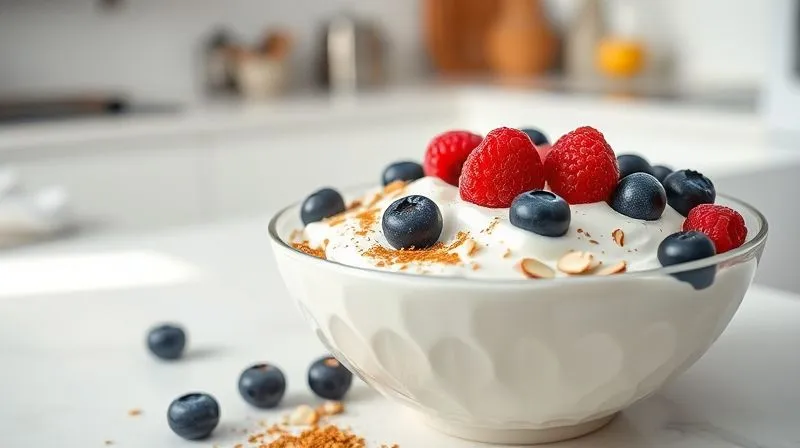 Photorealistic, professional photography, 8K, cinematic lighting, sharp focus, depth of field, shot on a high-end DSLR. A beautifully arranged bowl of Greek yogurt, topped with a small amount of fresh raspberries and blueberries, a sprinkle of chopped almonds, and a dusting of cinnamon. The setting is a bright, minimalist kitchen counter, with soft, natural light illuminating the textures and colors. The focus is on the delicious and healthy toppings.
