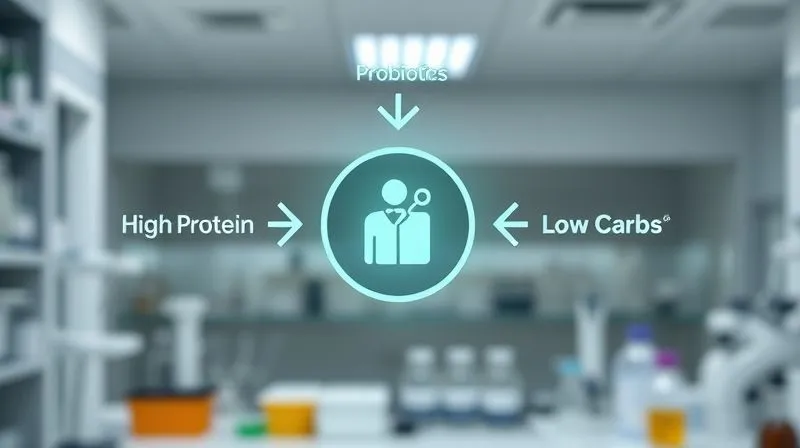 Photorealistic, professional photography, 8K, cinematic lighting, sharp focus, depth of field, shot on a high-end DSLR. A stylized, clean infographic showing arrows pointing from 'High Protein', 'Probiotics', and 'Low Carbs' towards a central 'Weight Loss' icon. The background is a scientific lab setting, with soft, diffused lighting and a sense of clarity and precision.
