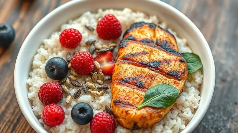 A vibrant, photorealistic bowl of rice porridge, half with fresh berries and chia seeds, the other half with grilled chicken and spinach, symbolizing balanced nutrition and stable blood sugar. Cinematic lighting, sharp focus, 8K, professional food photography.