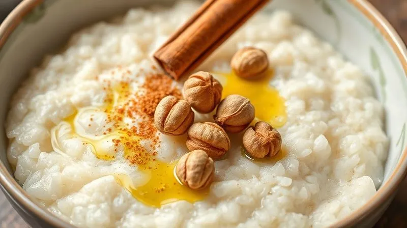 A close-up, photorealistic shot of a bowl of rice porridge being garnished with a sprinkle of cinnamon, a handful of walnuts, and a drizzle of olive oil. Soft, natural light, sharp focus on the garnishes, 8K, professional food photography.