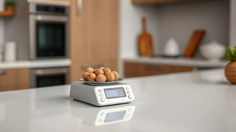 Photorealistic, professional photography, 8K, cinematic lighting, sharp focus on a small digital kitchen scale precisely measuring a handful of walnuts in a minimalist, clean kitchen setting, depth of field blurring the background of a modern countertop. The image conveys precision and control.