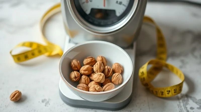 Photorealistic, professional photography, 8K, cinematic lighting, sharp focus, depth of field, shot on a high-end DSLR. A kitchen scale precisely weighing a small, healthy portion of walnuts in a minimalist bowl, with a measuring tape subtly in the background, emphasizing precision and mindful eating for weight loss.