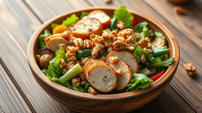 Photorealistic, professional photography, 8K, cinematic lighting, sharp focus, depth of field, shot on a high-end DSLR. A beautifully presented, vibrant low-carb salad in a rustic wooden bowl, generously topped with whole and chopped walnuts, alongside grilled chicken and fresh vegetables. The composition is appetizing and highlights healthy eating, with soft natural light.