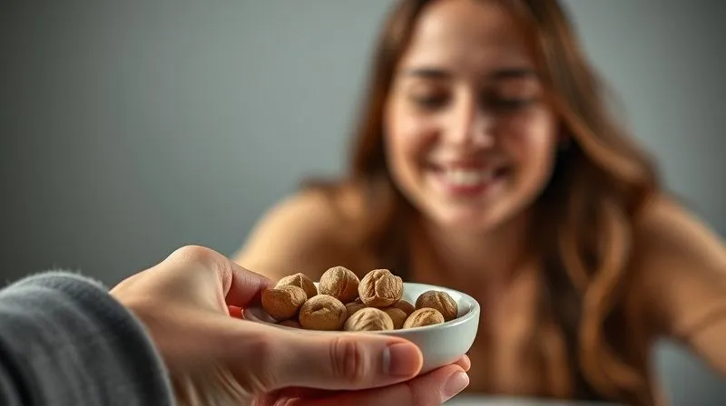 Photorealistic, professional photography, 8K, cinematic lighting, sharp focus, depth of field, shot on a high-end DSLR. A person's hand reaching for a small, healthy portion of walnuts in a minimalist bowl, with a warm, satisfied expression on their face in soft focus in the background, conveying a feeling of fullness and controlled appetite after a mindful snack.