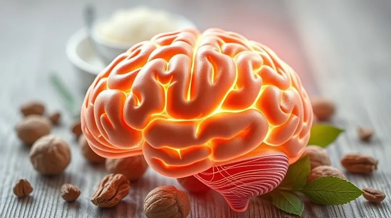 Photorealistic, professional photography, 8K, cinematic lighting, sharp focus, depth of field, shot on a high-end DSLR. A stylized, glowing brain graphic intertwined with fresh walnuts and other healthy food elements, set against a subtle, calming background. The image should convey cognitive benefits and brain health, with a soft, ethereal light.