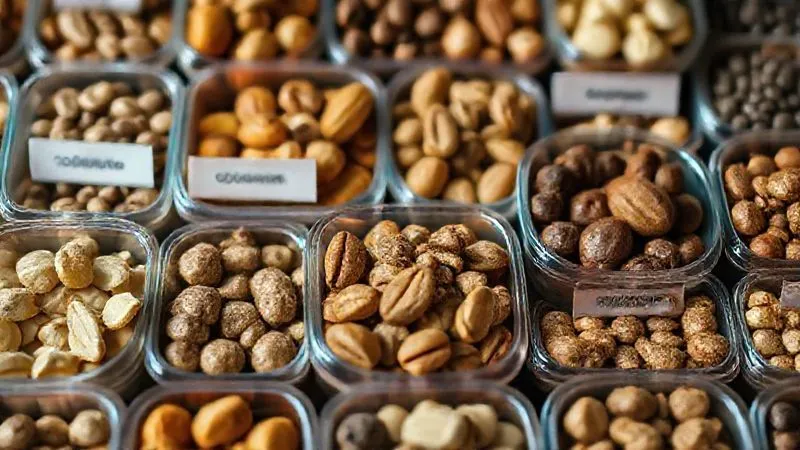 A close-up, photorealistic shot of various healthy nuts and seeds (including pumpkin seeds) in individual, small, labeled containers, emphasizing variety and portion control. Cinematic lighting, sharp focus, 8K hyper-detailed.