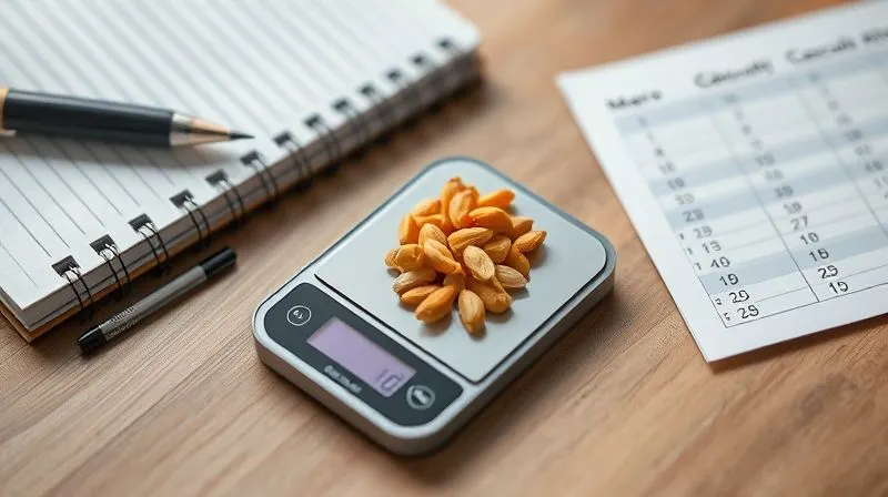 A photorealistic image of a small, elegant digital food scale with a perfectly portioned amount of pumpkin seeds on it, next to a notebook with macro calculations. Cinematic lighting, sharp focus on the scale and seeds, depth of field blurring the background, 8K hyper-detailed.