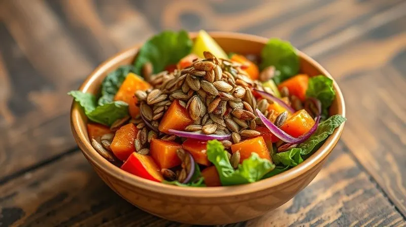 A vibrant, photorealistic, professional photography shot of a fresh, colorful low-carb salad topped with a perfectly sprinkled, small portion of roasted pumpkin seeds. The salad bowl is on a rustic wooden table with cinematic lighting, sharp focus on the salad, depth of field blurring the background. 8K hyper-detailed.