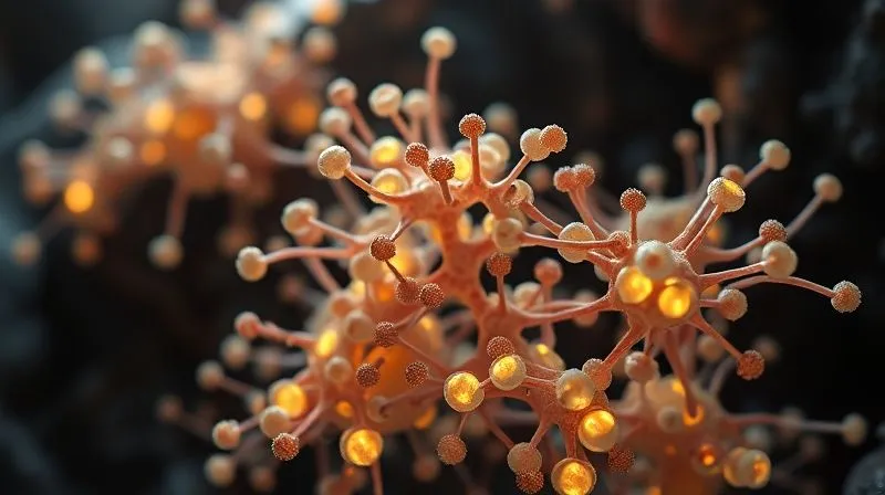 Photorealistic close-up of a vibrant, healthy gut microbiome represented by a complex network of beneficial bacteria, glowing with soft light, against a dark, organic background. 8K, cinematic lighting, sharp focus, depth of field, shot on a high-end DSLR.
