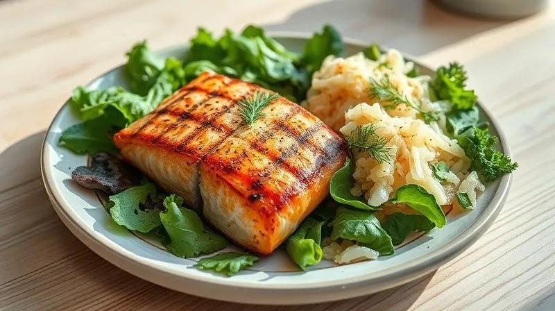 Photorealistic image of a beautifully plated low-carb meal featuring a grilled salmon fillet, vibrant mixed greens, and a side dish of homemade sauerkraut, garnished with fresh dill. The scene is set on a light wooden table with natural light, emphasizing freshness and health. 8K, cinematic lighting, sharp focus, depth of field, shot on a high-end DSLR.