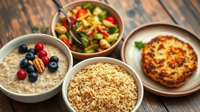 A vibrant, professional photography shot of a diverse array of gluten-free millet dishes displayed on a rustic wooden table. One bowl features a sweet millet porridge with berries and nuts, another a savory millet salad with roasted vegetables, and a third a millet-based vegetarian patty. The scene is beautifully composed with cinematic lighting, sharp focus on the food, and a shallow depth of field, emphasizing the versatility and deliciousness of millet. 8K hyper-detailed, shot on a high-end DSLR.