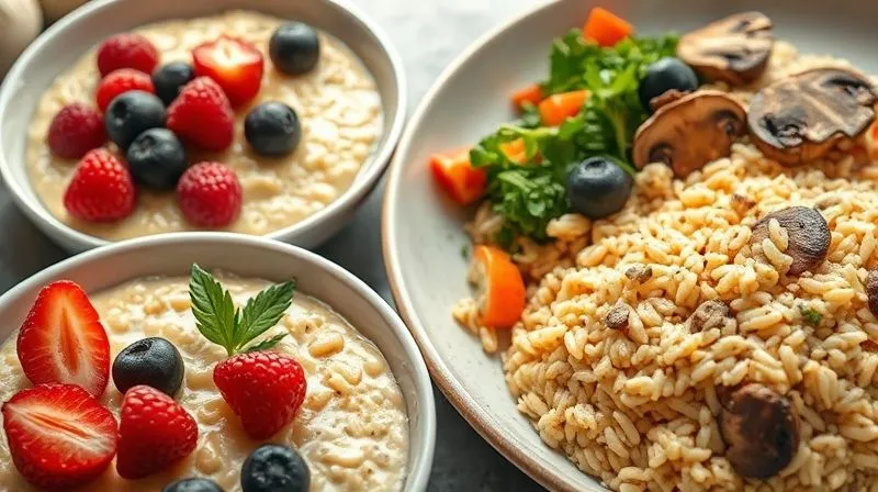 A close-up, photorealistic, professional photography shot of three beautifully arranged, gluten-free millet dishes: a vibrant sweet millet porridge with berries, a savory millet salad with roasted vegetables, and a creamy millet-based "risotto" with mushrooms. Each dish is meticulously styled, emphasizing fresh ingredients and inviting textures. Cinematic lighting highlights the details, with a sharp focus on the foreground dishes and a gentle depth of field. 8K hyper-detailed, shot on a high-end DSLR.