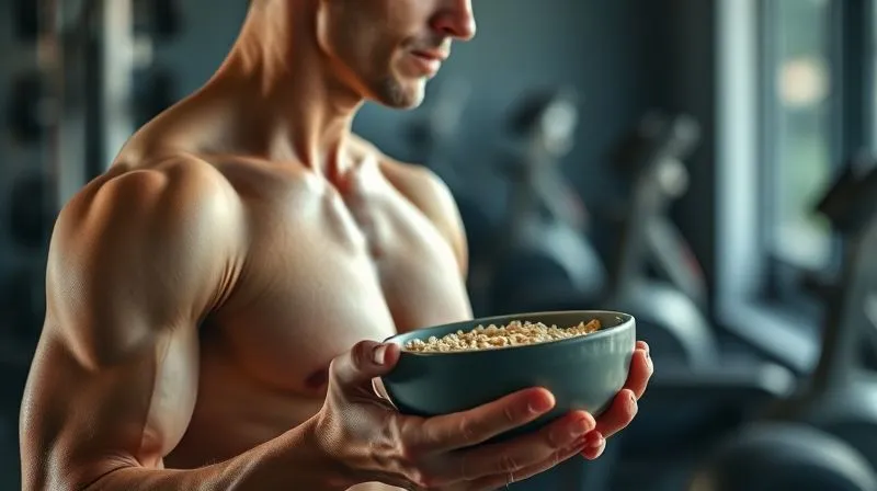 A dynamic, photorealistic image of a fit person enjoying a bowl of millet porridge after a workout, with gym equipment subtly blurred in the background. The person has a healthy glow, symbolizing energy and well-being. Cinematic lighting, sharp focus on the person and the bowl, with a shallow depth of field. 8K hyper-detailed, shot on a high-end DSLR.