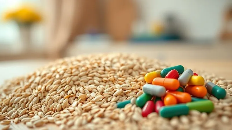 Photorealistic, professional photography, 8K, cinematic lighting, sharp focus, depth of field, shot on a high-end DSLR. A close-up, artistic shot of dry spelt grains next to a small pile of colorful vitamins and minerals capsules, symbolizing the rich nutritional profile of spelt. Soft, natural light highlights the textures. The background is a blurred, healthy kitchen environment.