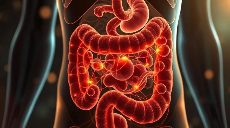 Photorealistic, professional photography, 8K, cinematic lighting, sharp focus, depth of field, shot on a high-end DSLR. A stylized, healthy human gut represented by a network of glowing, beneficial bacteria, with spelt grains being absorbed and fueling the activity. The image should convey vitality and internal balance, with a subtle, warm color palette.