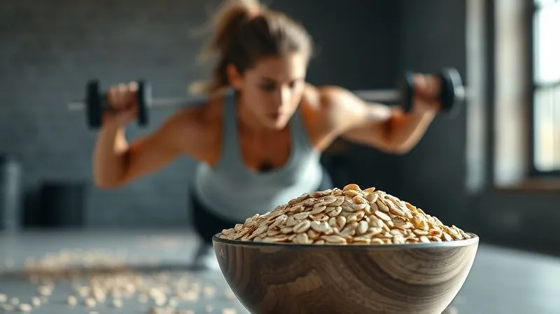 Photorealistic, professional photography, 8K, cinematic lighting, sharp focus, depth of field, shot on a high-end DSLR. A dynamic shot of a fitness enthusiast performing a challenging exercise (e.g., lifting weights or running), with a subtle, almost ethereal glow around them, symbolizing energy and strength. In the foreground, a bowl of spelt groats is perfectly in focus, suggesting the source of their vitality. The atmosphere is determined and empowering.