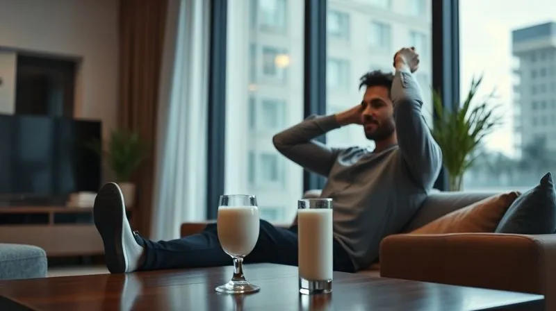 A photorealistic image of a businessman doing a quick morning workout (e.g., bodyweight exercises) in a modern apartment, with a glass of kefir on a nearby table, cinematic lighting, sharp focus, depth of field, 8K, shot on a high-end DSLR.
