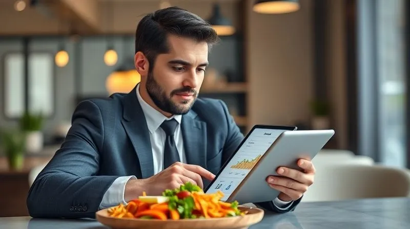 A photorealistic image of a businessman confidently reviewing a progress chart on a tablet, with a healthy meal in the background, symbolizing sustainable success, professional photography, 8K, cinematic lighting, sharp focus, depth of field, 8K, shot on a high-end DSLR.