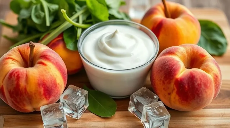 A close-up, photorealistic image of fresh, ripe peaches, Greek yogurt, spinach, and a few ice cubes beautifully arranged on a wooden cutting board, ready for blending. Professional photography, 8K, cinematic lighting, sharp focus, depth of field.