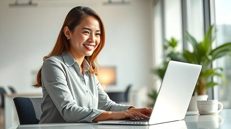 A photorealistic image of a professional woman in a modern, bright office space, smiling confidently while working diligently at her laptop, surrounded by natural light, exuding energy and focus. Her posture is excellent, and she looks vibrant. Professional photography, 8K, cinematic lighting, sharp focus, depth of field.