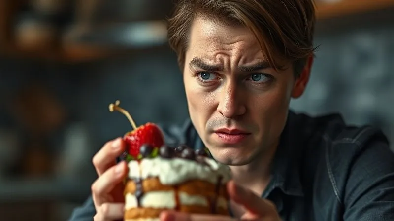 Photorealistic image of a person looking stressed while trying to resist a tempting dessert, with a blurred background of a kitchen, cinematic lighting, sharp focus on the person's face showing internal struggle, depth of field, 8K hyper-detailed.