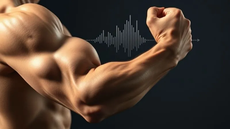 Photorealistic image of a person's toned arm flexing, showing muscle definition, with a scientific overlay or subtle graph indicating metabolic rate increase, professional photography, 8K, cinematic lighting, sharp focus, depth of field.