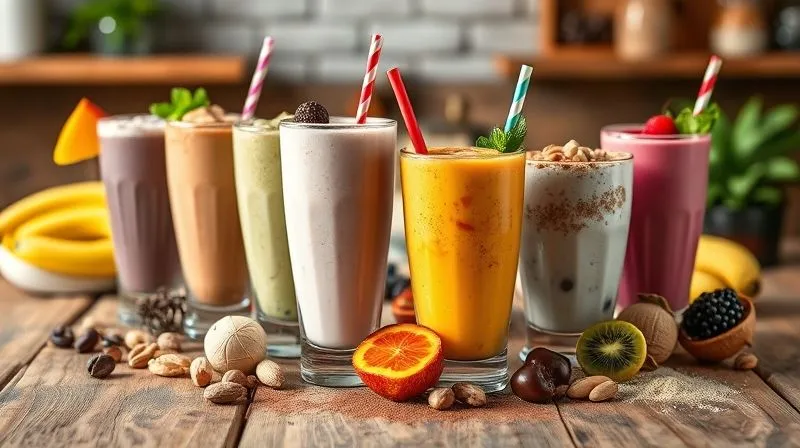 Photorealistic image of a vibrant, colorful array of different protein dessert shakes in various stylish glasses, with fresh ingredients like fruits, nuts, and cocoa powder artfully arranged around them on a rustic wooden table. The scene is bright and inviting, conveying health and indulgence, professional photography, 8K, cinematic lighting, sharp focus, depth of field.
