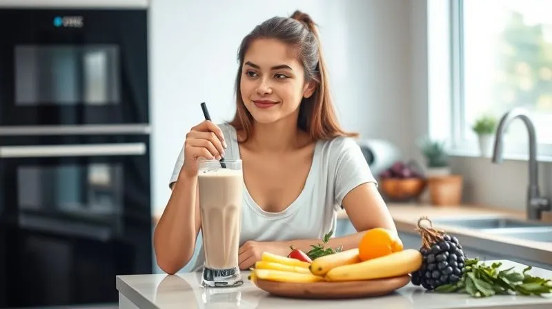 Photorealistic image of a person thoughtfully preparing a protein dessert shake in a modern kitchen, with fresh ingredients neatly arranged on a counter. The person has a calm, satisfied expression, suggesting mindful eating and a healthy lifestyle. Cinematic lighting, sharp focus, depth of field, 8K hyper-detailed.