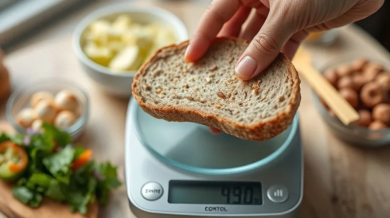 Photorealistic, professional photography, 8K, cinematic lighting, sharp focus, depth of field, shot on a high-end DSLR. A hand holding a slice of whole-grain bread over a digital food scale, showing a precise weight measurement, with healthy toppings blurred in the background, conveying control and healthy eating.