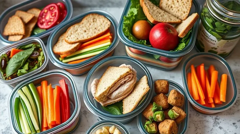 Photorealistic, professional photography, 8K, cinematic lighting, sharp focus, depth of field, shot on a high-end DSLR. A neatly organized meal prep station with various containers filled with pre-portioned healthy sandwich ingredients (sliced vegetables, lean protein, whole-grain bread slices), evoking efficiency and mindful eating.