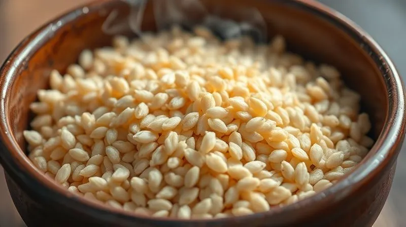Photorealistic close-up of perfectly cooked, fluffy buckwheat grains in a rustic ceramic bowl, steam gently rising, cinematic lighting, 8K, sharp focus.