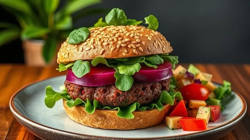 A vibrant, photorealistic image of a healthy vegetarian burger made with buckwheat and beetroot, served on a whole-wheat bun with fresh greens and a side of colorful salad, presented on a modern plate. Cinematic lighting, sharp focus, 8K, professional food photography.