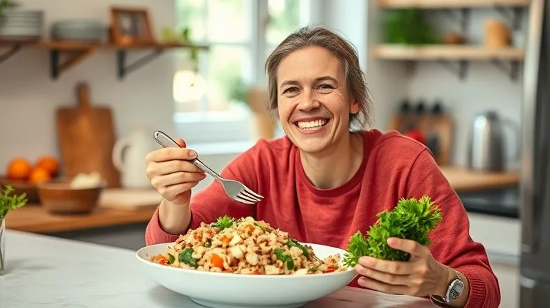 A professional, photorealistic image of a person happily enjoying a vegetarian meal rich in buckwheat, smiling in a brightly lit kitchen. The scene conveys health, satisfaction, and ease. Cinematic lighting, 8K, sharp focus, shot on a high-end DSLR.