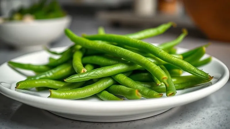 Photorealistic, professional photography, 8K, cinematic lighting, sharp focus, depth of field, shot on a high-end DSLR. A close-up shot of vibrant green blanched green beans on a white ceramic plate, with a few drops of water still visible, emphasizing freshness and perfect texture. The background is softly blurred, suggesting a clean kitchen environment.