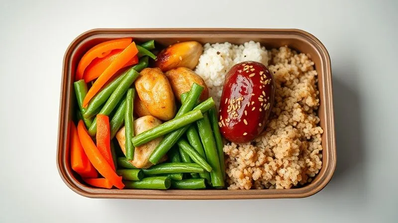 Photorealistic, professional photography, 8K, cinematic lighting, sharp focus, depth of field, shot on a high-end DSLR. An open bento-style fit lunchbox filled with vibrant, Asian-inspired ingredients. Steamed green beans are neatly arranged next to glistening teriyaki chicken, fluffy brown rice, and colorful bell pepper strips. A sprinkle of sesame seeds adds texture. The composition is clean and inviting, set against a minimalist backdrop.
