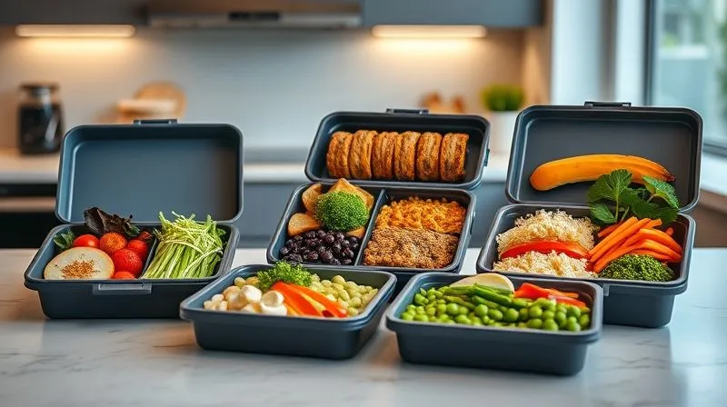 Photorealistic, professional photography, 8K, cinematic lighting, sharp focus, depth of field, shot on a high-end DSLR. A diverse collection of four different fit lunchboxes, each showcasing a unique and colorful meal with green beans as a prominent ingredient. The lunchboxes are neatly arranged on a modern kitchen counter, some open to reveal their contents, others closed. The scene suggests organization, health, and variety, with soft, inviting light.