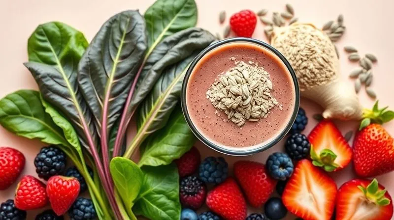 A vibrant flat lay of fresh, colorful smoothie ingredients: spinach, berries, ginger, flax seeds, and a scoop of protein powder, arranged artistically on a light background. Photorealistic, professional photography, 8K, cinematic lighting, sharp focus, depth of field, shot on a high-end DSLR.