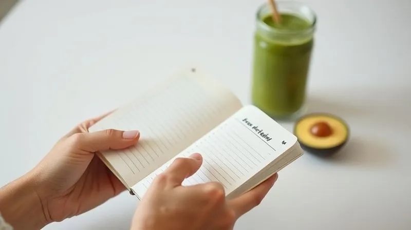 A person's hand holding a minimalist notebook and pen, jotting down notes about their diet and exercise, with a healthy smoothie in the background. The scene is calm and focused, highlighting self-care and progress tracking. Photorealistic, professional photography, 8K, cinematic lighting, sharp focus, depth of field, shot on a high-end DSLR.