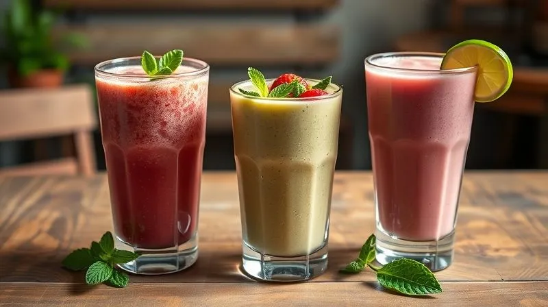 Three distinct, beautifully presented ginger smoothies in different glasses, each with unique garnishes representing their ingredients (e.g., mint, berries, lime). Shot from a slightly elevated angle on a rustic wooden table, with soft, natural light illuminating the scene. Photorealistic, professional photography, 8K, cinematic lighting, sharp focus, depth of field, shot on a high-end DSLR.